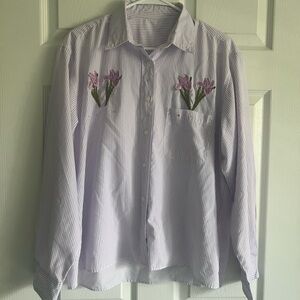 Vintage Las Olas Striped Lavender Floral Embroidered Button Down Shirt